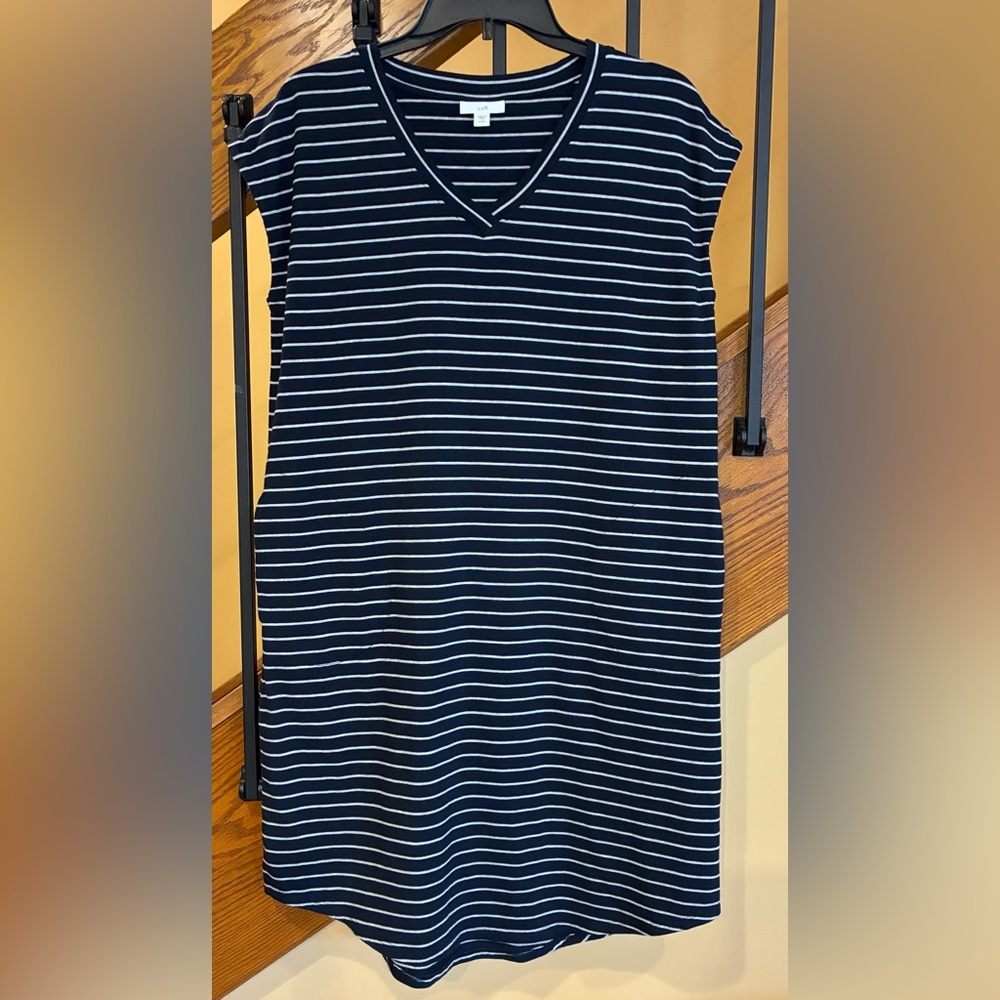 J Jill Dress Pima Cotton Navy White Strip Pockets Vneck SZ. Small